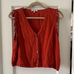 Madewell Red Orange Sleeveless Button-Down Ruffle Sleeve Top